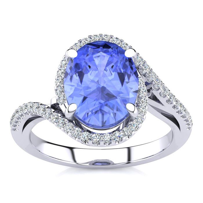 2 3/4 Carat Oval Shape Tanzanite and Halo Diamond Ring In 14 Karat White Gold