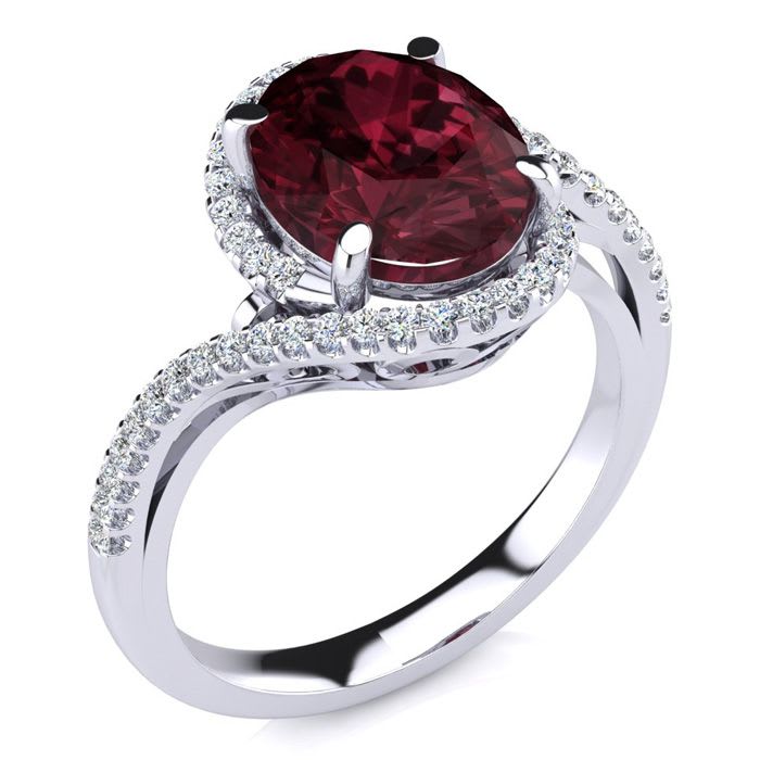 Garnet Ring: Garnet Jewelry: 3 1/3 Carat Oval Shape Garnet and Halo Diamond Ring In 14 Karat White Gold