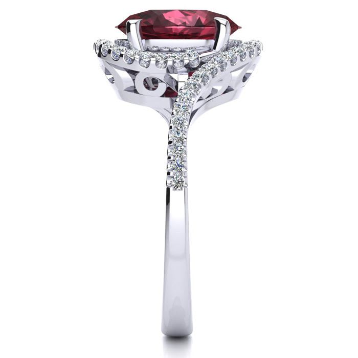 Garnet Ring: Garnet Jewelry: 3 1/3 Carat Oval Shape Garnet and Halo Diamond Ring In 14 Karat White Gold