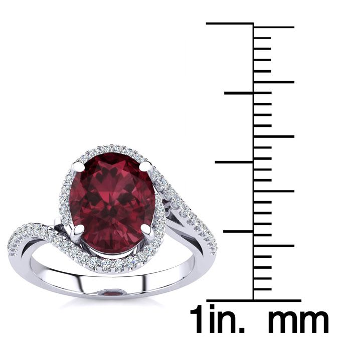 Garnet Ring: Garnet Jewelry: 3 1/3 Carat Oval Shape Garnet and Halo Diamond Ring In 14 Karat White Gold