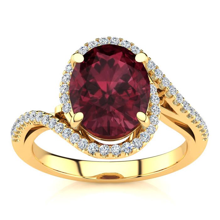 Garnet Ring: Garnet Jewelry: 3 1/3 Carat Oval Shape Garnet and Halo Diamond Ring In 14 Karat Yellow Gold