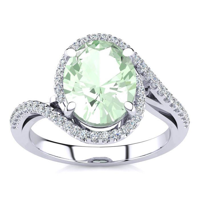 2 1/2 Carat Oval Shape Green Amethyst and Halo Diamond Ring In 14 Karat White Gold