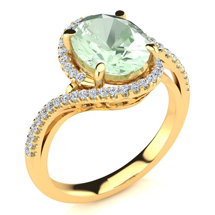 2 1/2 Carat Oval Shape Green Amethyst and Halo Diamond Ring In 14 Karat Yellow Gold