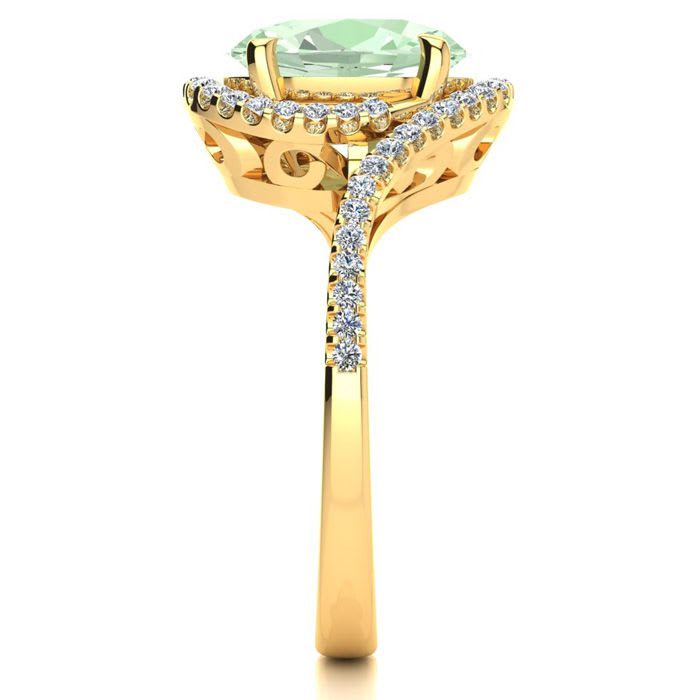 2 1/2 Carat Oval Shape Green Amethyst and Halo Diamond Ring In 14 Karat Yellow Gold