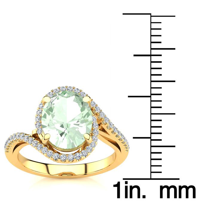 2 1/2 Carat Oval Shape Green Amethyst and Halo Diamond Ring In 14 Karat Yellow Gold