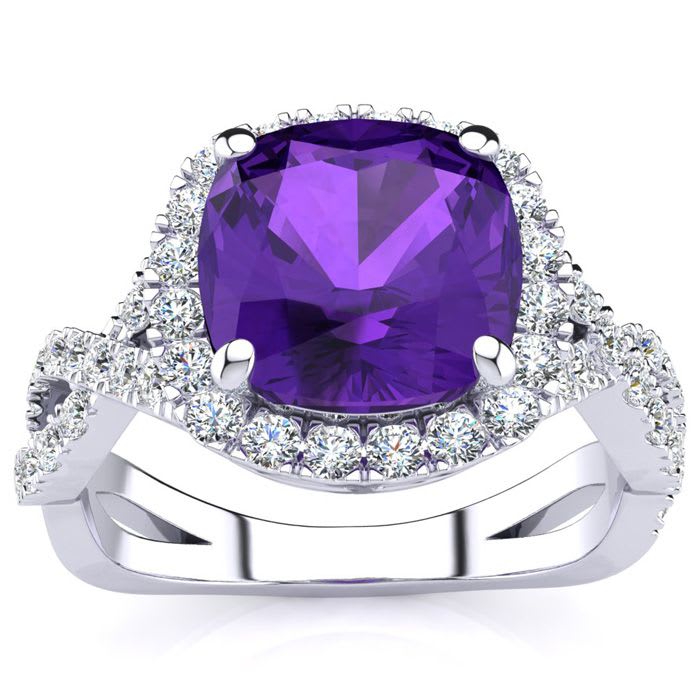 2 1/2 Carat Cushion Cut Amethyst and Halo Diamond Ring With Fancy Band In 14 Karat White Gold