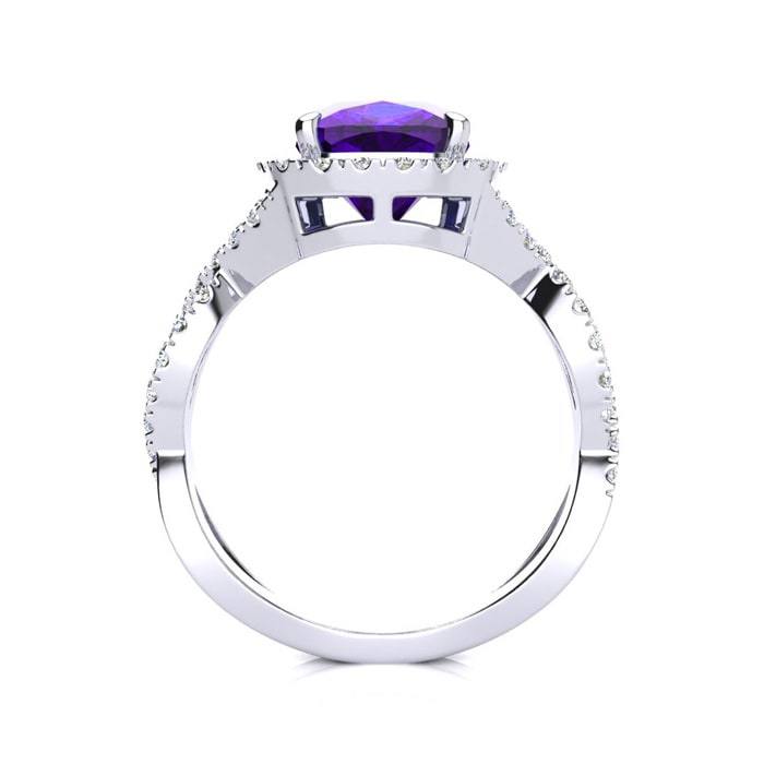 2 1/2 Carat Cushion Cut Amethyst and Halo Diamond Ring With Fancy Band In 14 Karat White Gold