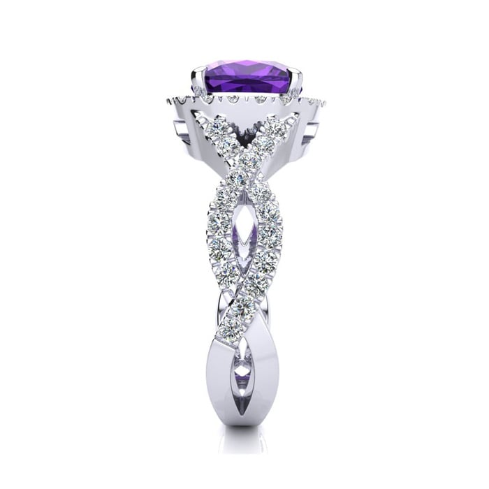 2 1/2 Carat Cushion Cut Amethyst and Halo Diamond Ring With Fancy Band In 14 Karat White Gold