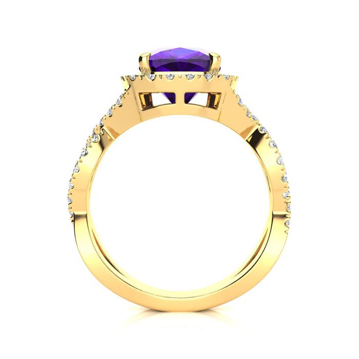 2 1/2 Carat Cushion Cut Amethyst and Halo Diamond Ring With Fancy Band In 14 Karat Yellow Gold