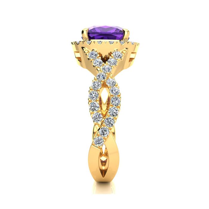 2 1/2 Carat Cushion Cut Amethyst and Halo Diamond Ring With Fancy Band In 14 Karat Yellow Gold