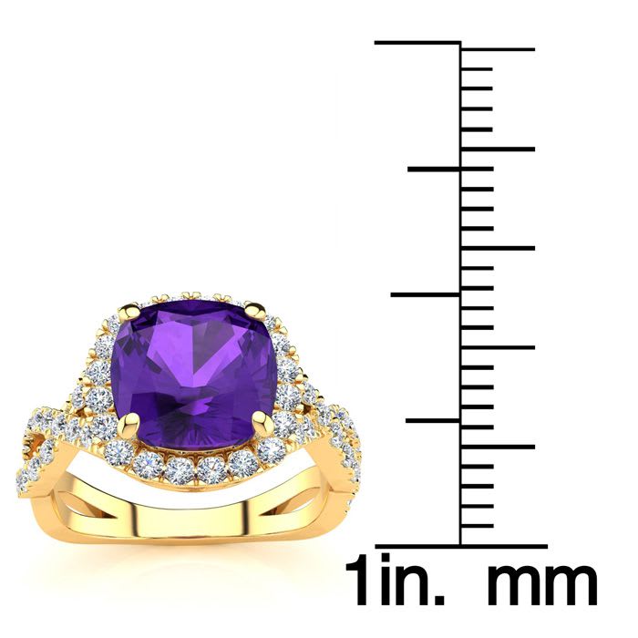 2 1/2 Carat Cushion Cut Amethyst and Halo Diamond Ring With Fancy Band In 14 Karat Yellow Gold