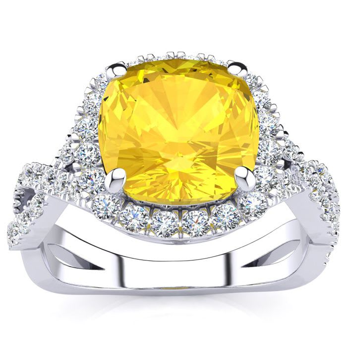 2 1/2 Carat Cushion Cut Citrine and Halo Diamond Ring With Fancy Band In 14 Karat White Gold