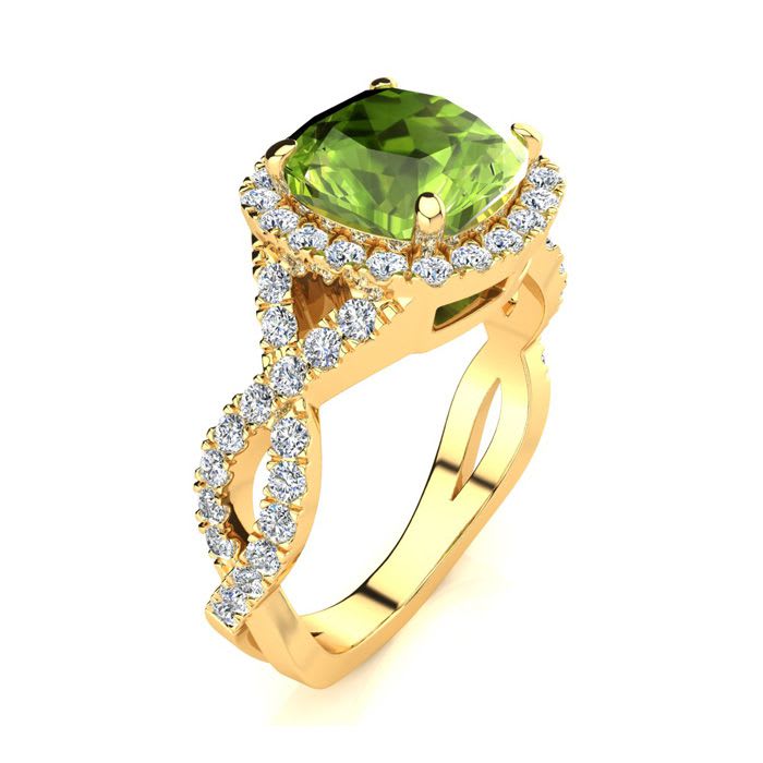 3 Carat Cushion Cut Peridot and Halo Diamond Ring With Fancy Band In 14 Karat Yellow Gold