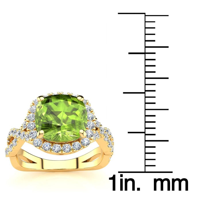 3 Carat Cushion Cut Peridot and Halo Diamond Ring With Fancy Band In 14 Karat Yellow Gold