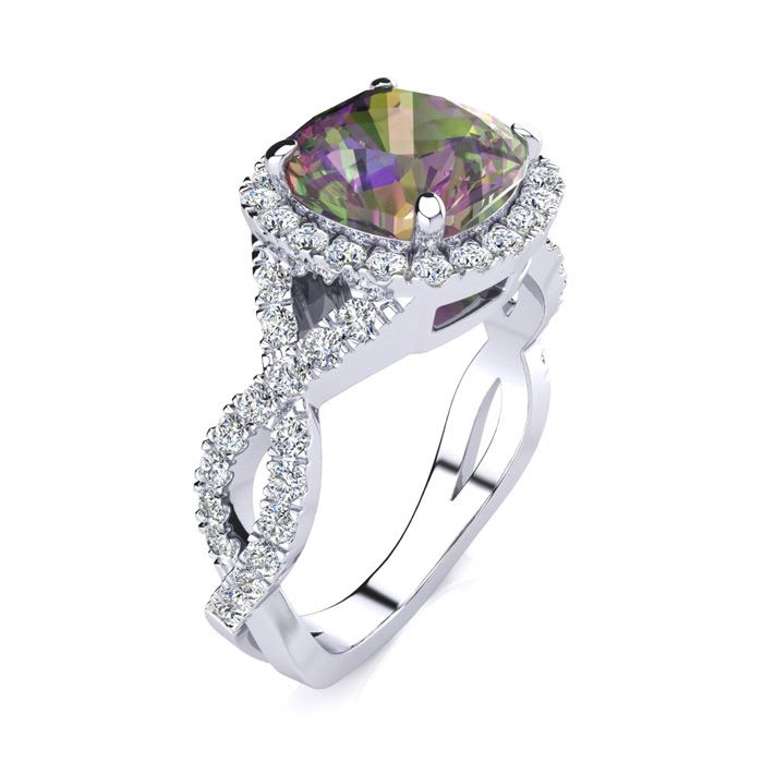 2-1/2 Carat Cushion Shape Mystic Topaz Ring With Diamond Halo In 14 Karat White Gold