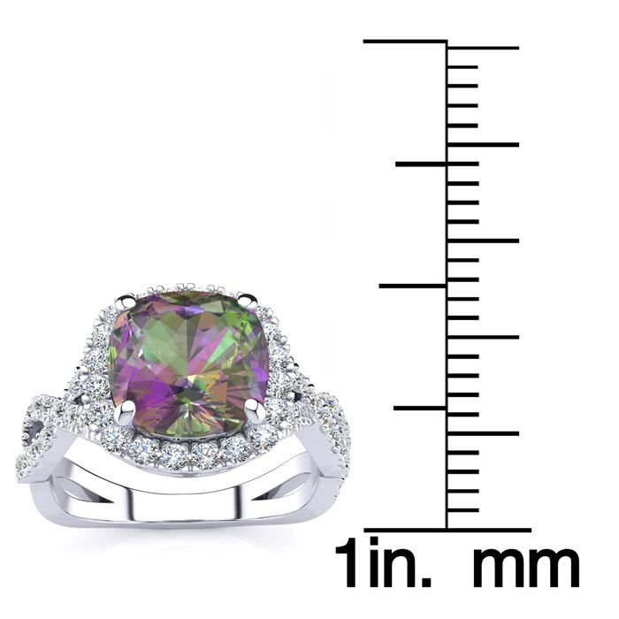 2-1/2 Carat Cushion Shape Mystic Topaz Ring With Diamond Halo In 14 Karat White Gold