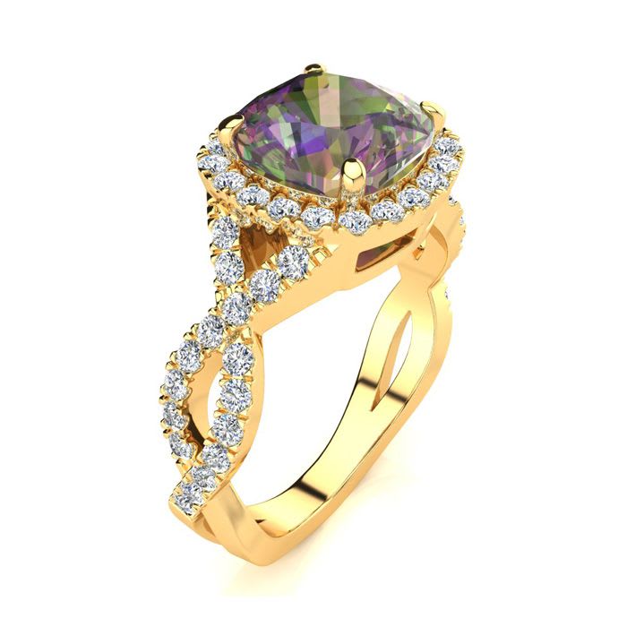 2-1/2 Carat Cushion Shape Mystic Topaz Ring With Diamond Halo In 14 Karat Yellow Gold