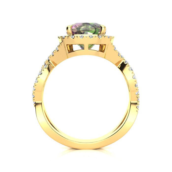 2-1/2 Carat Cushion Shape Mystic Topaz Ring With Diamond Halo In 14 Karat Yellow Gold