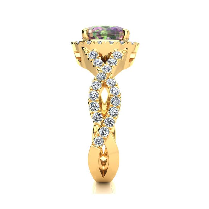 2-1/2 Carat Cushion Shape Mystic Topaz Ring With Diamond Halo In 14 Karat Yellow Gold