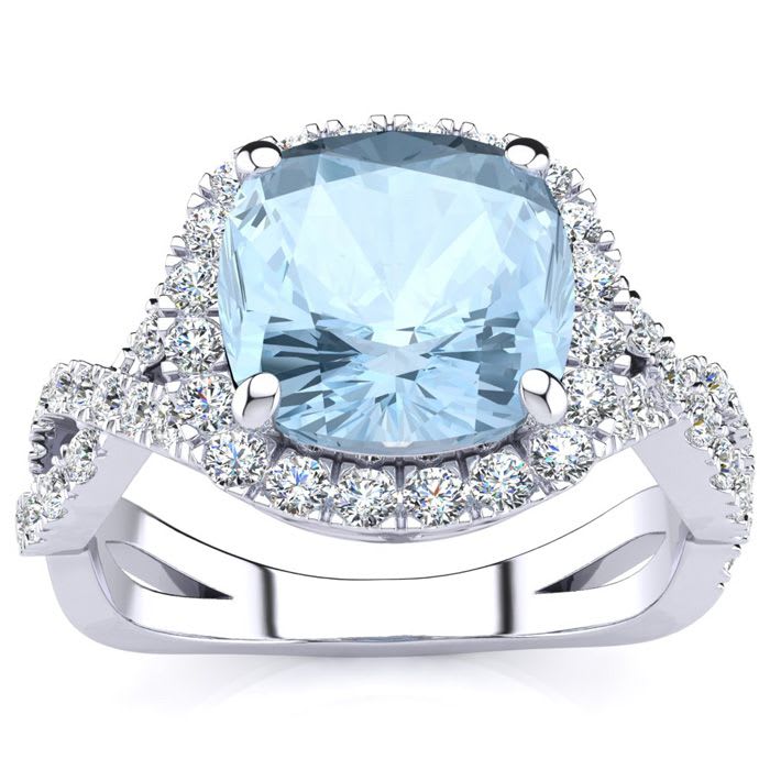 Aquamarine Ring: Aquamarine Jewelry: 2 1/2 Carat Cushion Cut Aquamarine and Halo Diamond Ring With Fancy Band In 14 Karat White Gold