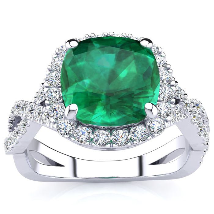 2 1/2 Carat Cushion Cut Emerald and Halo Diamond Ring With Fancy Band In 14 Karat White Gold
