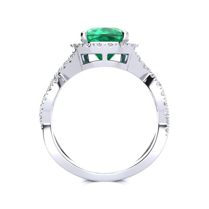 2 1/2 Carat Cushion Cut Emerald and Halo Diamond Ring With Fancy Band In 14 Karat White Gold