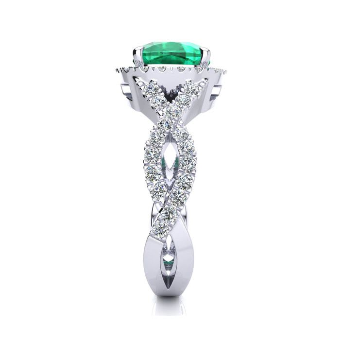 2 1/2 Carat Cushion Cut Emerald and Halo Diamond Ring With Fancy Band In 14 Karat White Gold