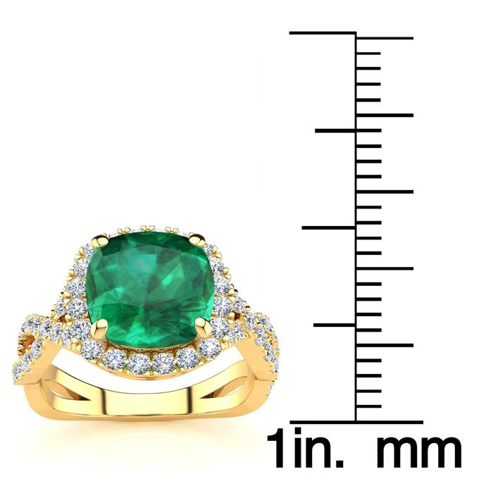 2 1/2 Carat Cushion Cut Emerald and Halo Diamond Ring With Fancy Band In 14 Karat Yellow Gold