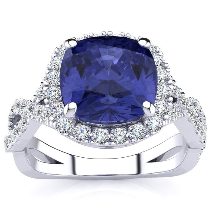 3 Carat Cushion Cut Tanzanite Halo Diamond Ring and Band in 14K White Gold Blue Gemstones Tanzanite Rings Best Jewelry Deals