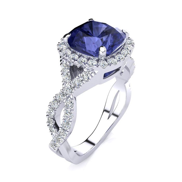 3 Carat Cushion Cut Tanzanite and Halo Diamond Ring With Fancy Band In 14 Karat White Gold