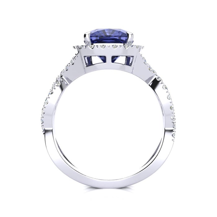 3 Carat Cushion Cut Tanzanite and Halo Diamond Ring With Fancy Band In 14 Karat White Gold