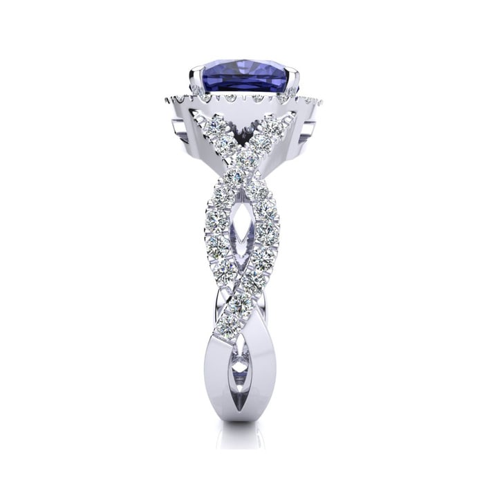 3 Carat Cushion Cut Tanzanite and Halo Diamond Ring With Fancy Band In 14 Karat White Gold