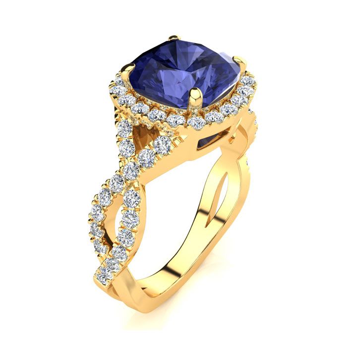 3 Carat Cushion Cut Tanzanite and Halo Diamond Ring With Fancy Band In 14 Karat Yellow Gold