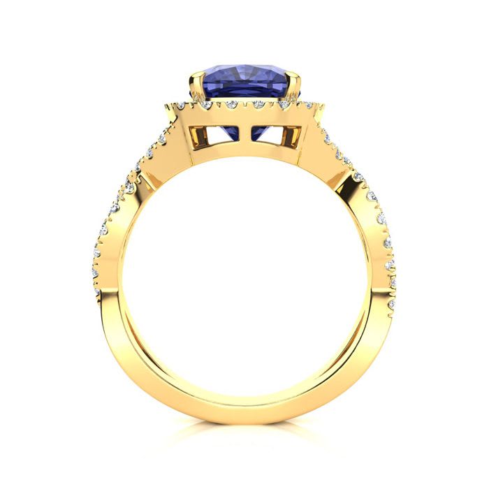 3 Carat Cushion Cut Tanzanite and Halo Diamond Ring With Fancy Band In 14 Karat Yellow Gold