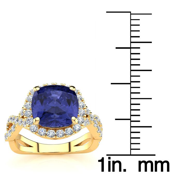 3 Carat Cushion Cut Tanzanite and Halo Diamond Ring With Fancy Band In 14 Karat Yellow Gold