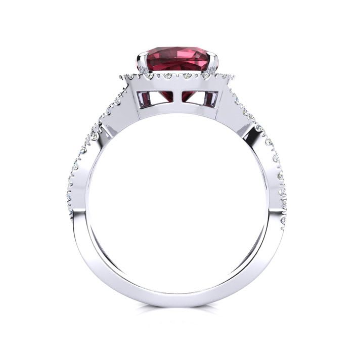 Garnet Ring: Garnet Jewelry: 3 3/4 Carat Cushion Cut Garnet and Halo Diamond Ring With Fancy Band In 14 Karat White Gold