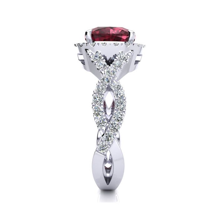Garnet Ring: Garnet Jewelry: 3 3/4 Carat Cushion Cut Garnet and Halo Diamond Ring With Fancy Band In 14 Karat White Gold