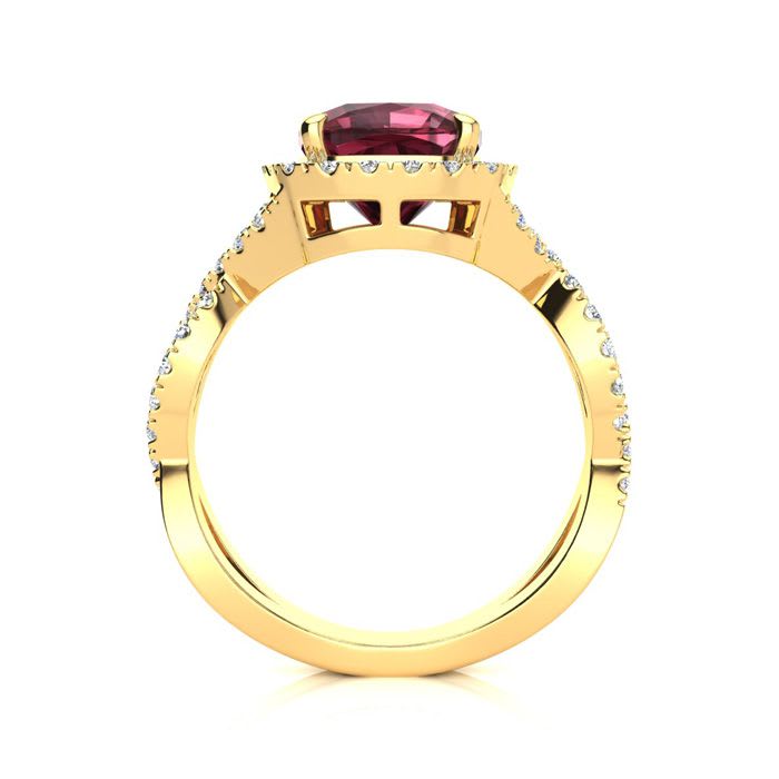 Garnet Ring: Garnet Jewelry: 3 3/4 Carat Cushion Cut Garnet and Halo Diamond Ring With Fancy Band In 14 Karat Yellow Gold