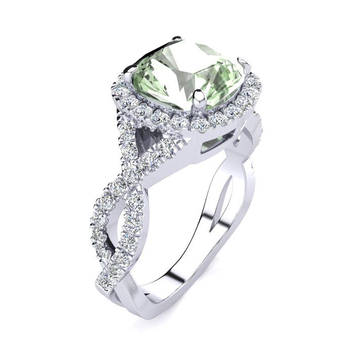 2 1/2 Carat Cushion Cut Green Amethyst and Halo Diamond Ring With Fancy Band In 14 Karat White Gold