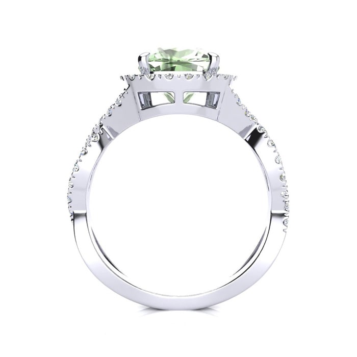2 1/2 Carat Cushion Cut Green Amethyst and Halo Diamond Ring With Fancy Band In 14 Karat White Gold
