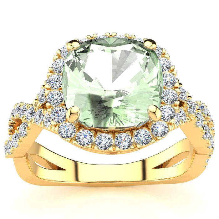 2 1/2 Carat Cushion Cut Green Amethyst and Halo Diamond Ring With Fancy Band In 14 Karat Yellow Gold