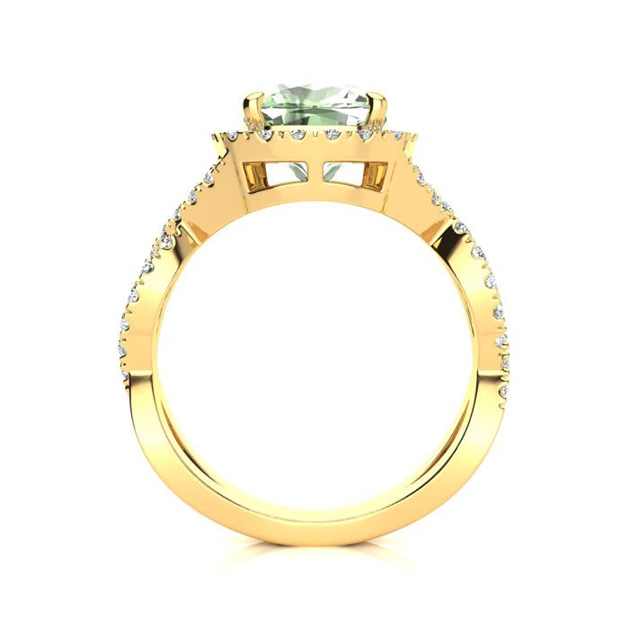 2 1/2 Carat Cushion Cut Green Amethyst and Halo Diamond Ring With Fancy Band In 14 Karat Yellow Gold
