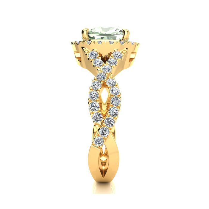 2 1/2 Carat Cushion Cut Green Amethyst and Halo Diamond Ring With Fancy Band In 14 Karat Yellow Gold