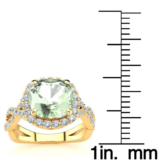 2 1/2 Carat Cushion Cut Green Amethyst and Halo Diamond Ring With Fancy Band In 14 Karat Yellow Gold