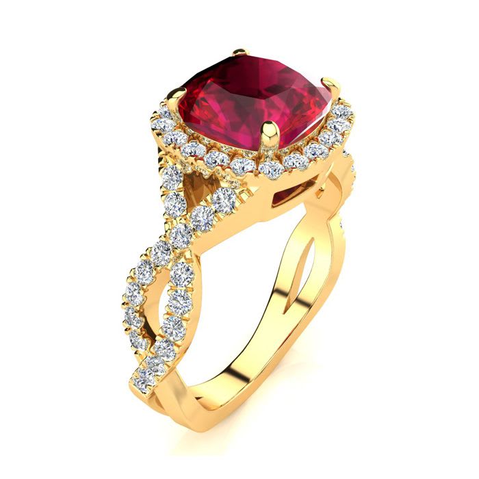 3 1/2 Carat Cushion Cut Ruby and Halo Diamond Ring With Fancy Band In 14 Karat Yellow Gold