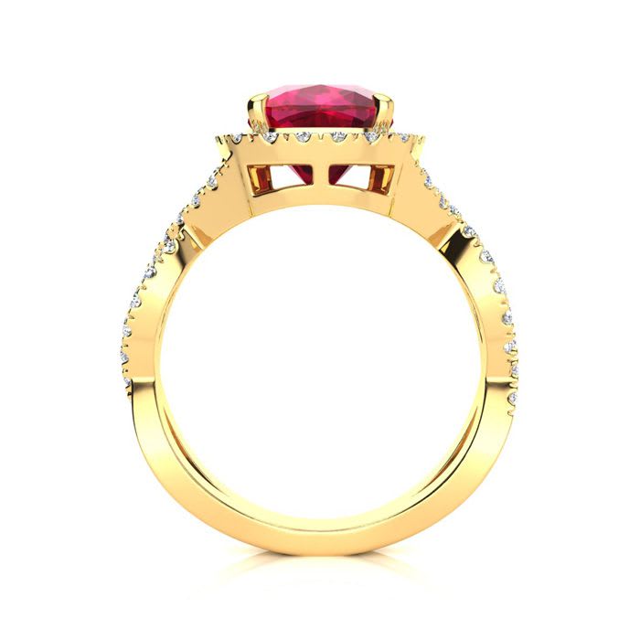 3 1/2 Carat Cushion Cut Ruby and Halo Diamond Ring With Fancy Band In 14 Karat Yellow Gold