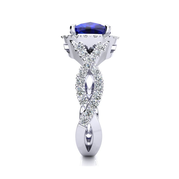 3 1/2 Carat Cushion Cut Sapphire and Halo Diamond Ring With Fancy Band In 14 Karat White Gold