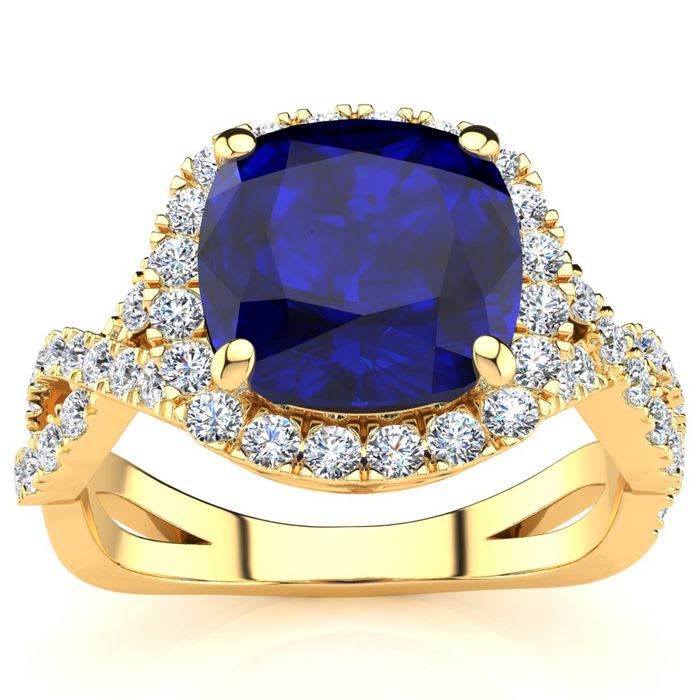 3 1/2 Carat Cushion Cut Sapphire and Halo Diamond Ring With Fancy Band In 14 Karat Yellow Gold
