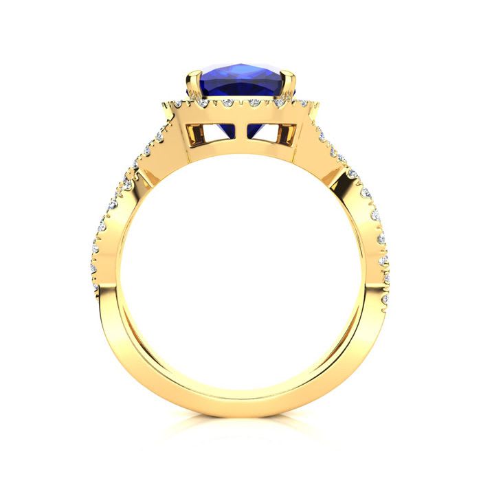 3 1/2 Carat Cushion Cut Sapphire and Halo Diamond Ring With Fancy Band In 14 Karat Yellow Gold