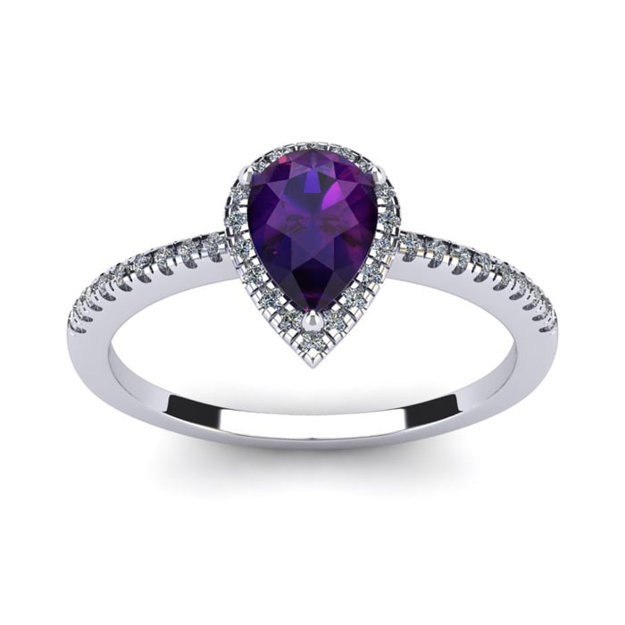 3/4 Carat Pear Shape Amethyst and Halo Diamond Ring In 14 Karat White Gold